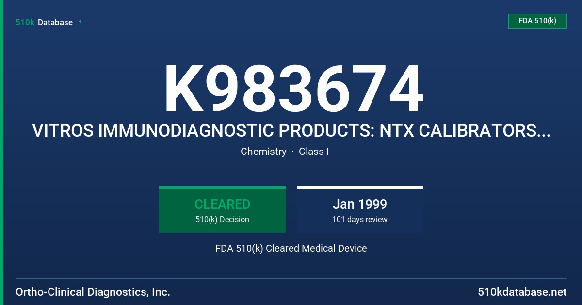 K983674 VITROS IMMUNODIAGNOSTIC PRODUCTS: NTX CALIBRATORS, NTX REAGENT PACK, NTX CONTROLS FDA 510(k) Cleared Medical Device