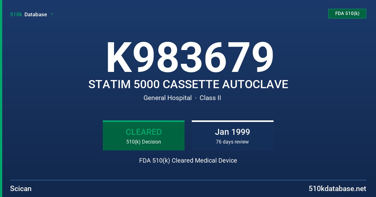 K983679 STATIM 5000 CASSETTE AUTOCLAVE FDA 510(k) Cleared Medical Device