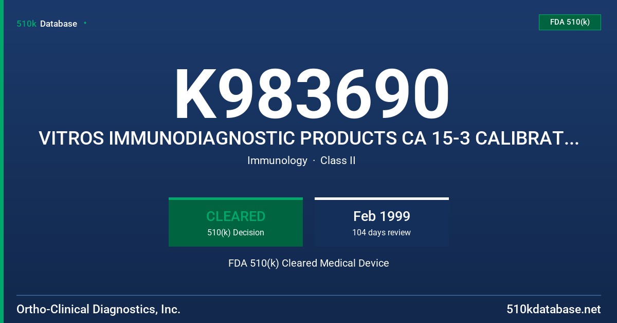 K983690 VITROS IMMUNODIAGNOSTIC PRODUCTS CA 15-3 CALIBRATORS,VITROS IMMUNODIAGNOSTIC PRODUCTS CA 15-3 REAGENT PACK FDA 510(k) Cleared Medical Device