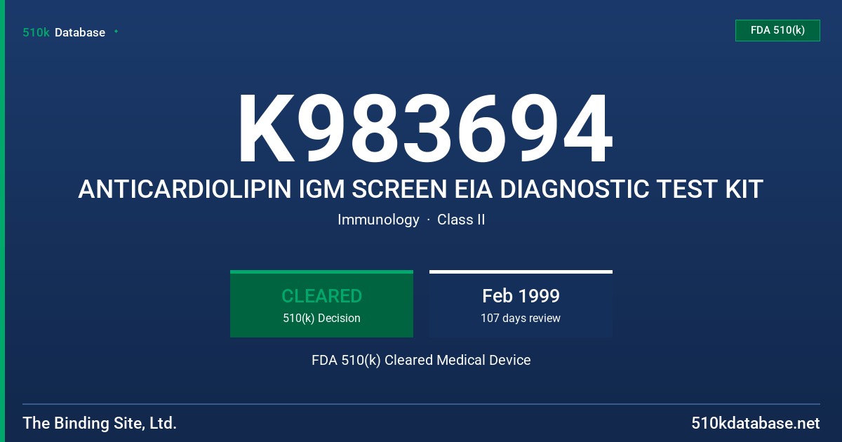 K983694 ANTICARDIOLIPIN IGM SCREEN EIA DIAGNOSTIC TEST KIT FDA 510(k) Cleared Medical Device