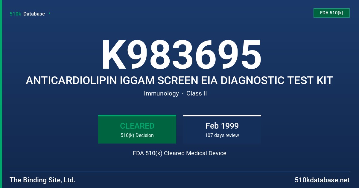 K983695 ANTICARDIOLIPIN IGGAM SCREEN EIA DIAGNOSTIC TEST KIT FDA 510(k) Cleared Medical Device