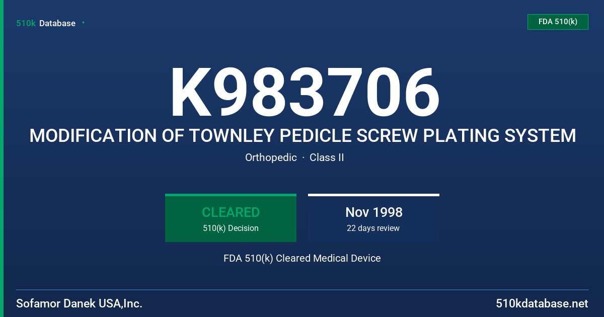 K983706 MODIFICATION OF TOWNLEY PEDICLE SCREW PLATING SYSTEM FDA 510(k) Cleared Medical Device