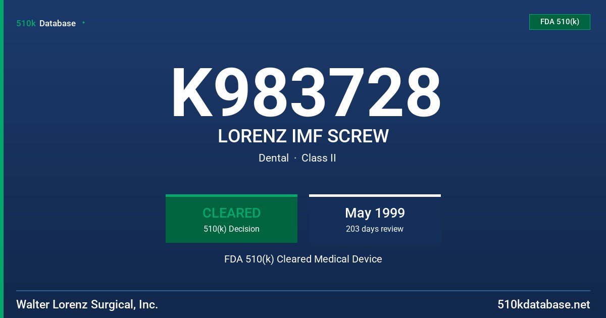 K983728 LORENZ IMF SCREW FDA 510(k) Cleared Medical Device
