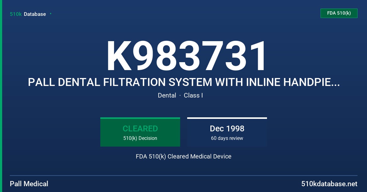 K983731 PALL DENTAL FILTRATION SYSTEM WITH INLINE HANDPIECE HOUSING AND FILTER MEMBRANE FDA 510(k) Cleared Medical Device