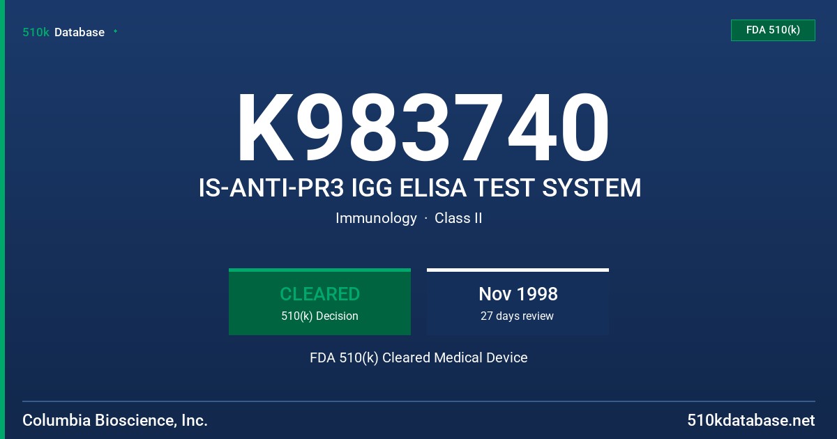 K983740 IS-ANTI-PR3 IGG ELISA TEST SYSTEM FDA 510(k) Cleared Medical Device
