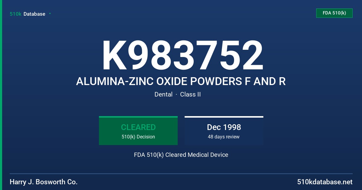 K983752 ALUMINA-ZINC OXIDE POWDERS F AND R FDA 510(k) Cleared Medical Device