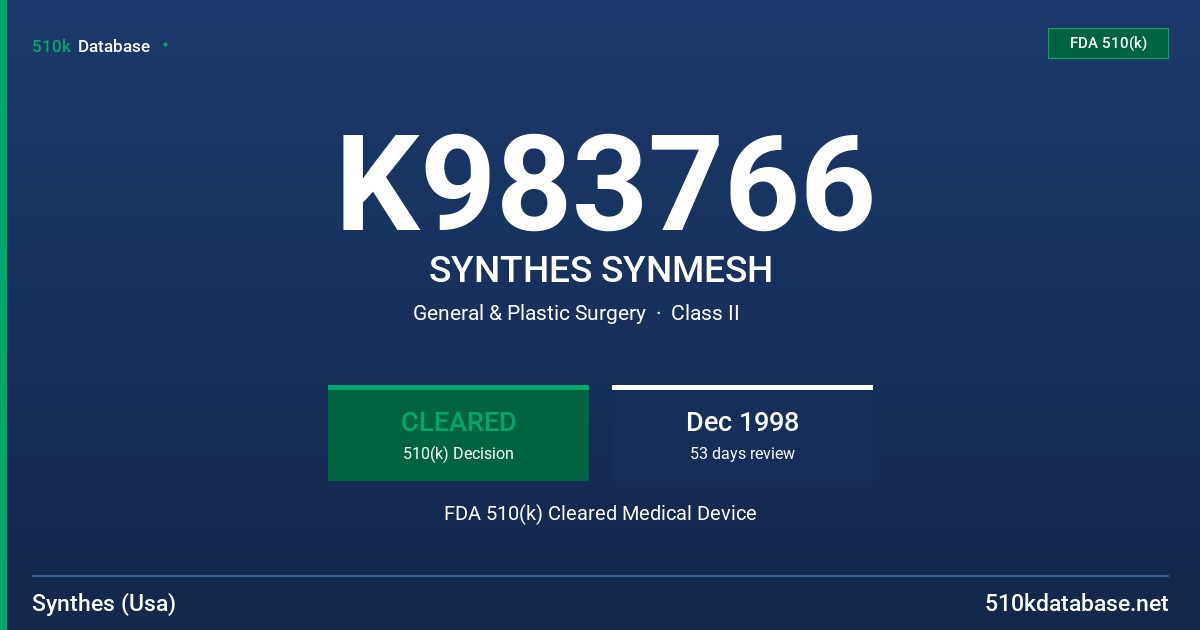 K983766 SYNTHES SYNMESH FDA 510(k) Cleared Medical Device