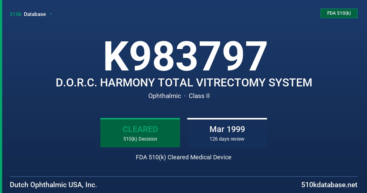 K983797 D.O.R.C. HARMONY TOTAL VITRECTOMY SYSTEM FDA 510(k) Cleared Medical Device