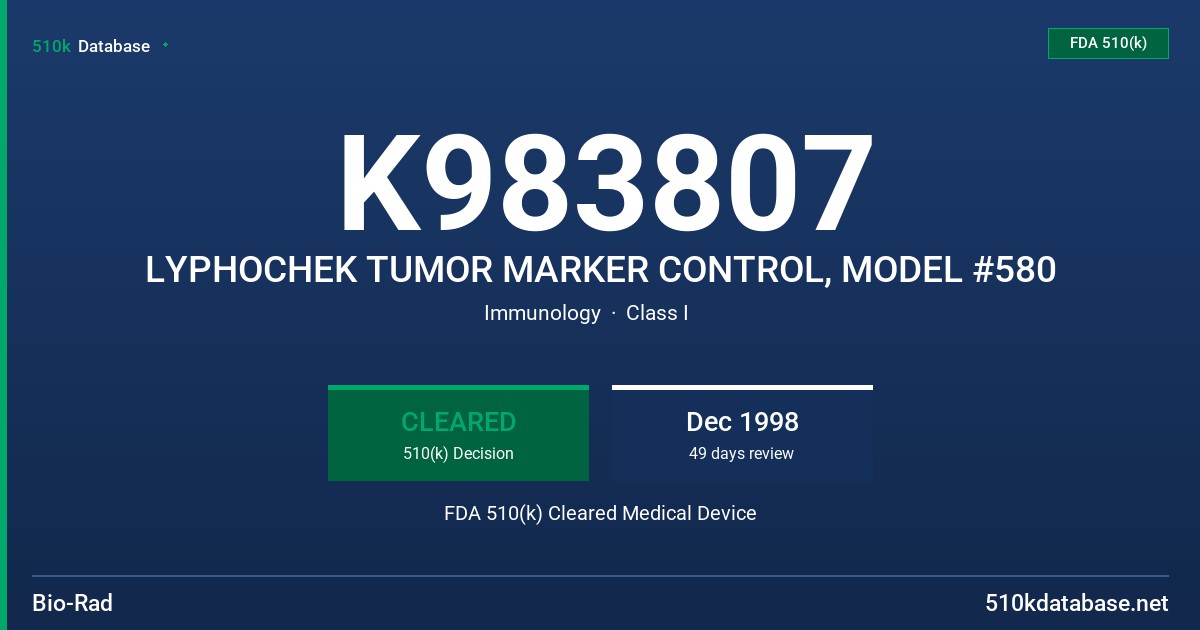 K983807 LYPHOCHEK TUMOR MARKER CONTROL, MODEL #580 FDA 510(k) Cleared Medical Device