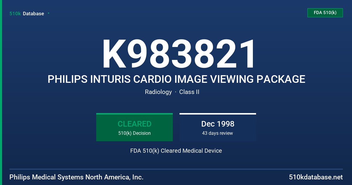 K983821 PHILIPS INTURIS CARDIO IMAGE VIEWING PACKAGE FDA 510(k) Cleared Medical Device