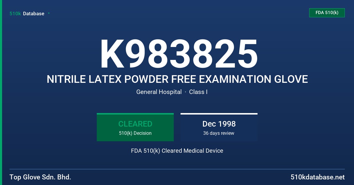 K983825 NITRILE LATEX POWDER FREE EXAMINATION GLOVE FDA 510(k) Cleared Medical Device