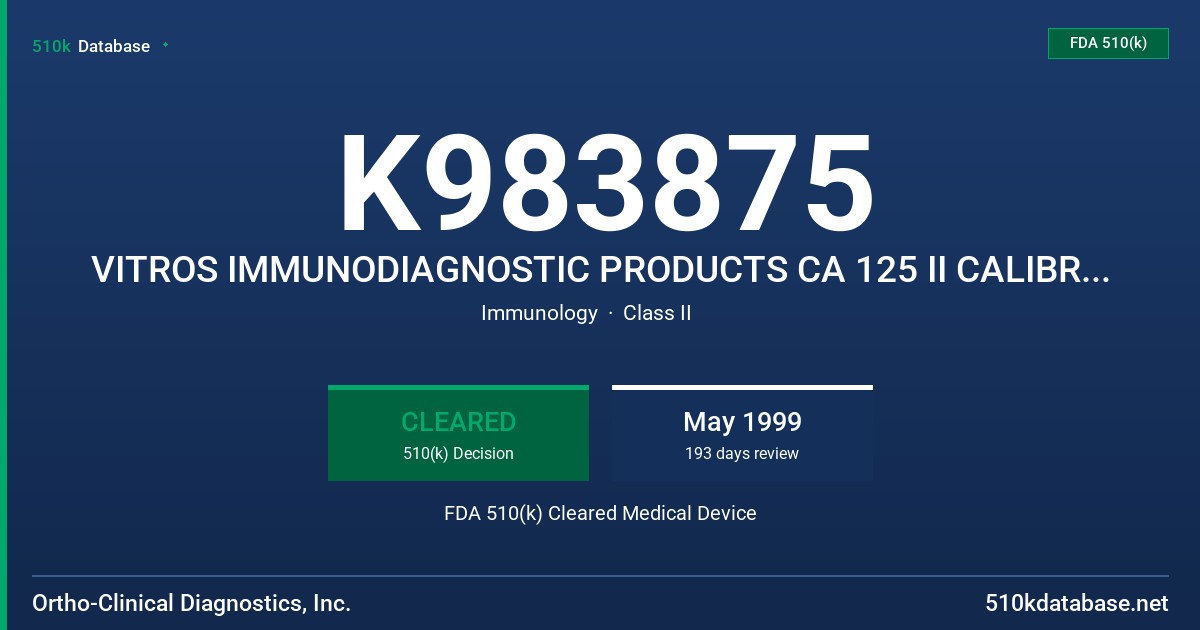 K983875 VITROS IMMUNODIAGNOSTIC PRODUCTS CA 125 II CALIBRATORS, VITROS IMMUNODIAGNOSTIC PRODUCTS CA 125 II REAGENT PACK FDA 510(k) Cleared Medical Device