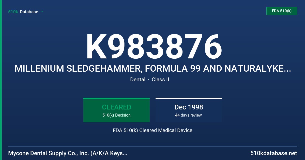 K983876 MILLENIUM SLEDGEHAMMER, FORMULA 99 AND NATURALYKE H.C., HIGH IMPACT DENTURE ACRYLIC FDA 510(k) Cleared Medical Device