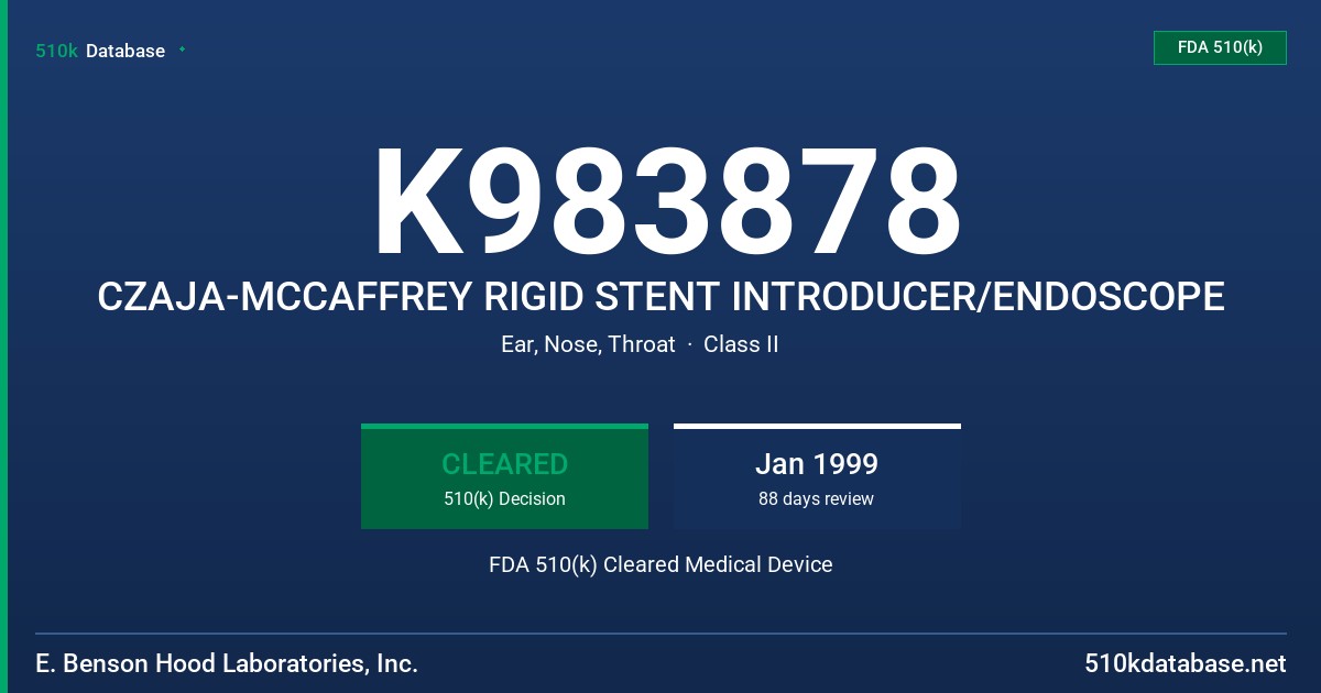 K983878 CZAJA-MCCAFFREY RIGID STENT INTRODUCER/ENDOSCOPE FDA 510(k) Cleared Medical Device