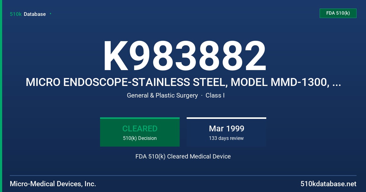 K983882 MICRO ENDOSCOPE-STAINLESS STEEL, MODEL MMD-1300, MICRO ENDOSCOPE-POLYIMIDE,MODEL MMD-1400 FDA 510(k) Cleared Medical Device