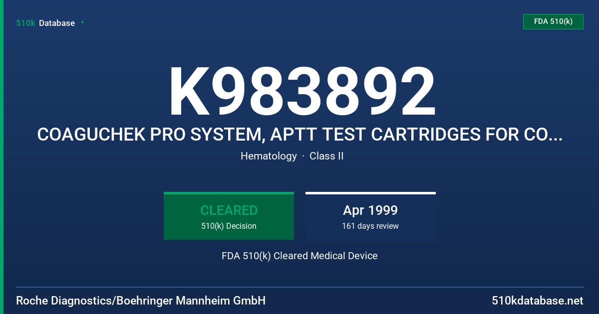 K983892 COAGUCHEK PRO SYSTEM, APTT TEST CARTRIDGES FOR COAGUCHEK PRO SYSTEM, APTT CONTROLS FOR COAGUCHEK PRO SYSTEM, COAGUCHEK P FDA 510(k) Cleared Medical Device