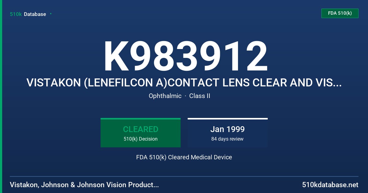 K983912 VISTAKON (LENEFILCON A)CONTACT LENS CLEAR AND VISIBILITY TINT WITH UV BLOCKER FDA 510(k) Cleared Medical Device
