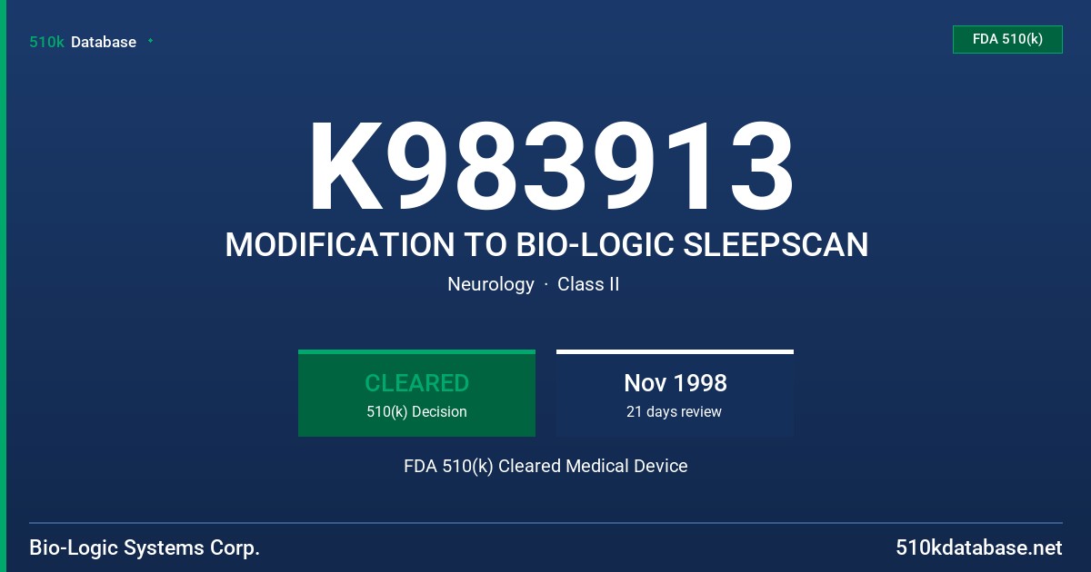 K983913 MODIFICATION TO BIO-LOGIC SLEEPSCAN FDA 510(k) Cleared Medical Device