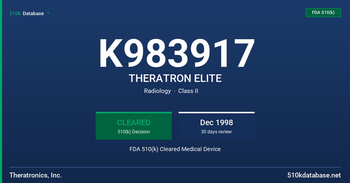 K983917 THERATRON ELITE FDA 510(k) Cleared Medical Device
