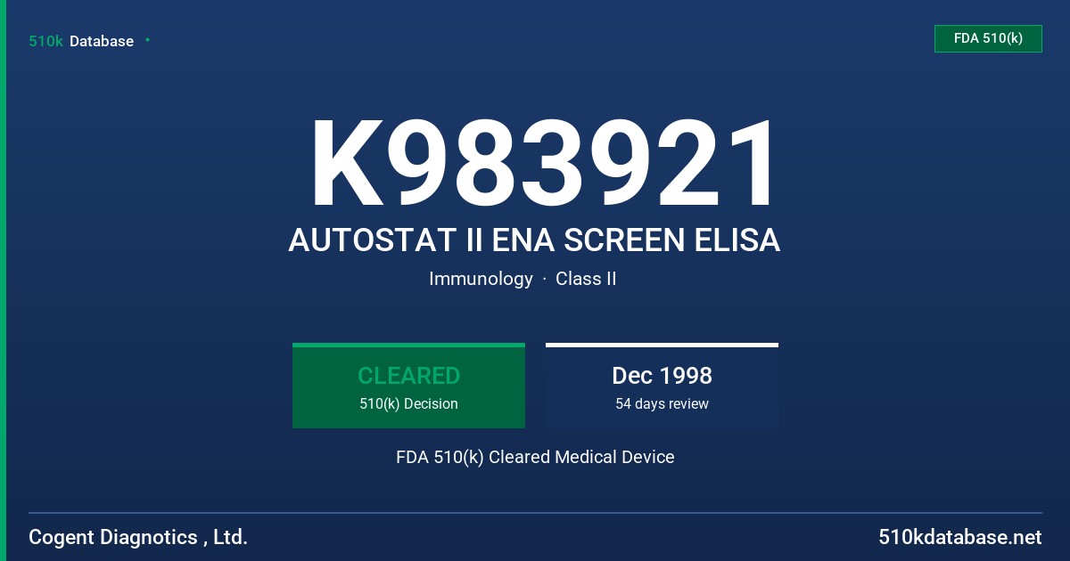 K983921 AUTOSTAT II ENA SCREEN ELISA FDA 510(k) Cleared Medical Device