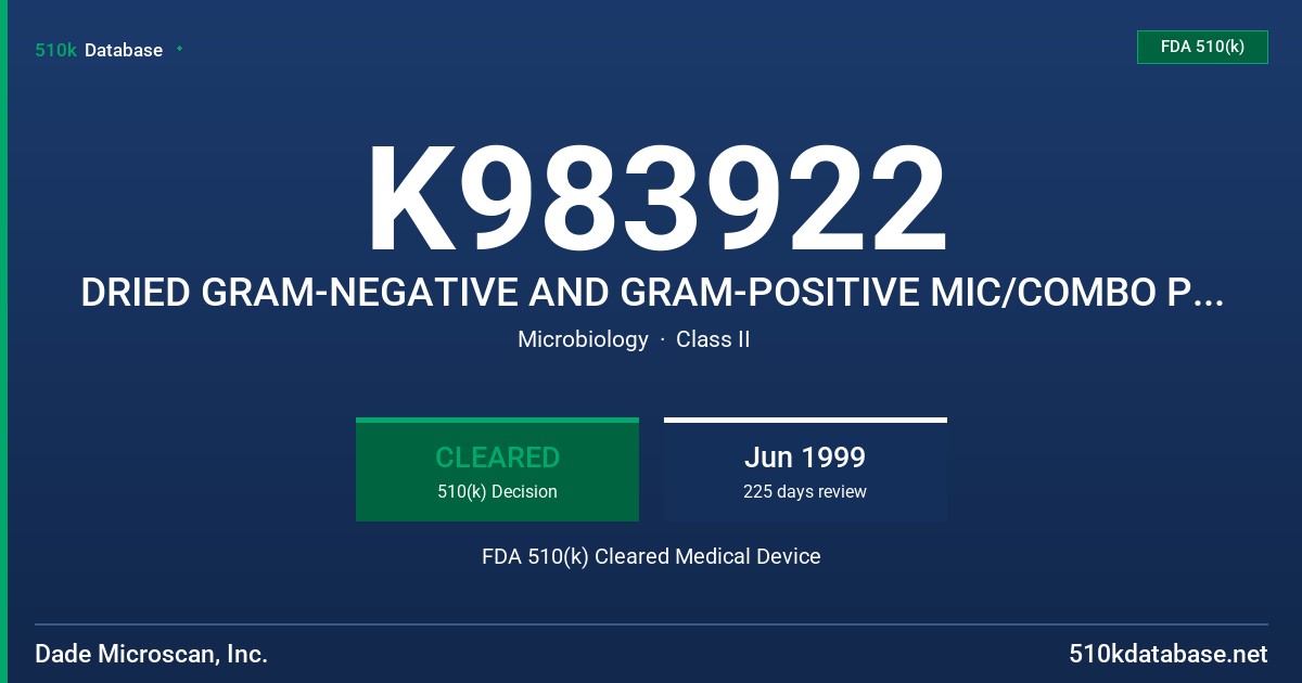 K983922 DRIED GRAM-NEGATIVE AND GRAM-POSITIVE MIC/COMBO PANELS FDA 510(k) Cleared Medical Device