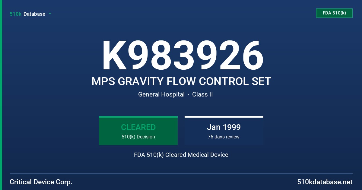 K983926 MPS GRAVITY FLOW CONTROL SET FDA 510(k) Cleared Medical Device