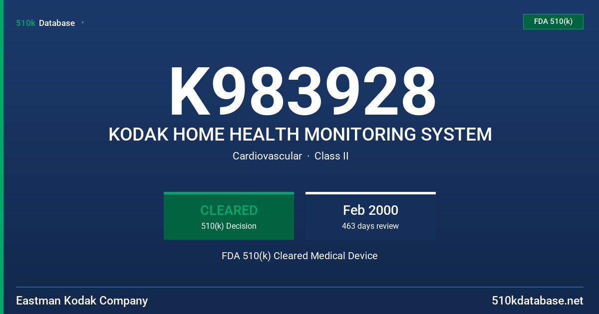 K983928 KODAK HOME HEALTH MONITORING SYSTEM FDA 510(k) Cleared Medical Device