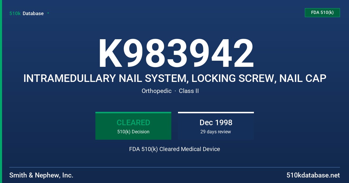 K983942 INTRAMEDULLARY NAIL SYSTEM, LOCKING SCREW, NAIL CAP FDA 510(k) Cleared Medical Device