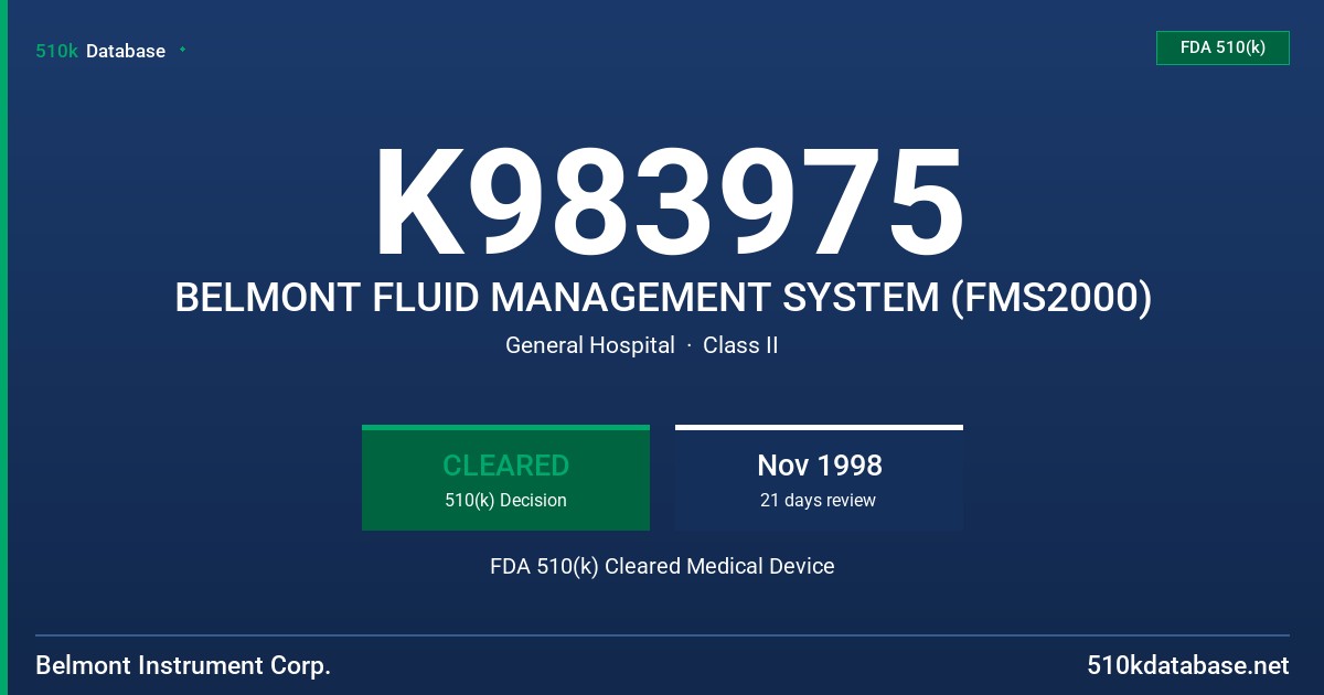 K983975 BELMONT FLUID MANAGEMENT SYSTEM (FMS2000) FDA 510(k) Cleared Medical Device