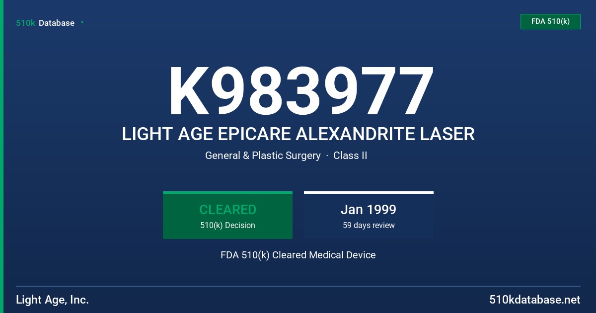 K983977 LIGHT AGE EPICARE ALEXANDRITE LASER FDA 510(k) Cleared Medical Device