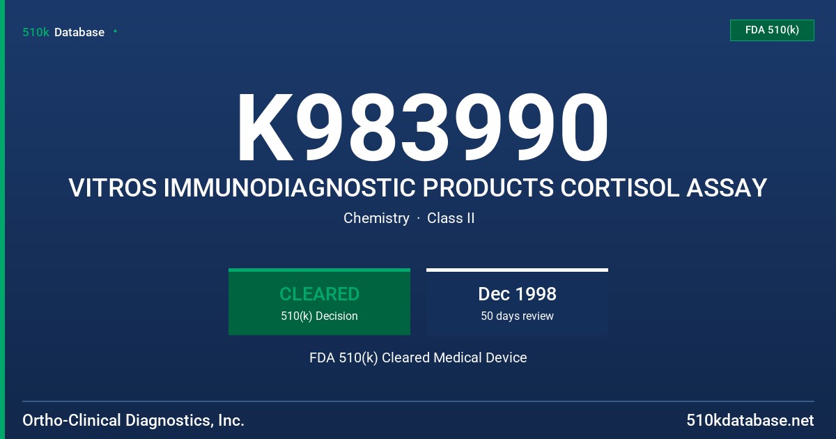 K983990 VITROS IMMUNODIAGNOSTIC PRODUCTS CORTISOL ASSAY FDA 510(k) Cleared Medical Device