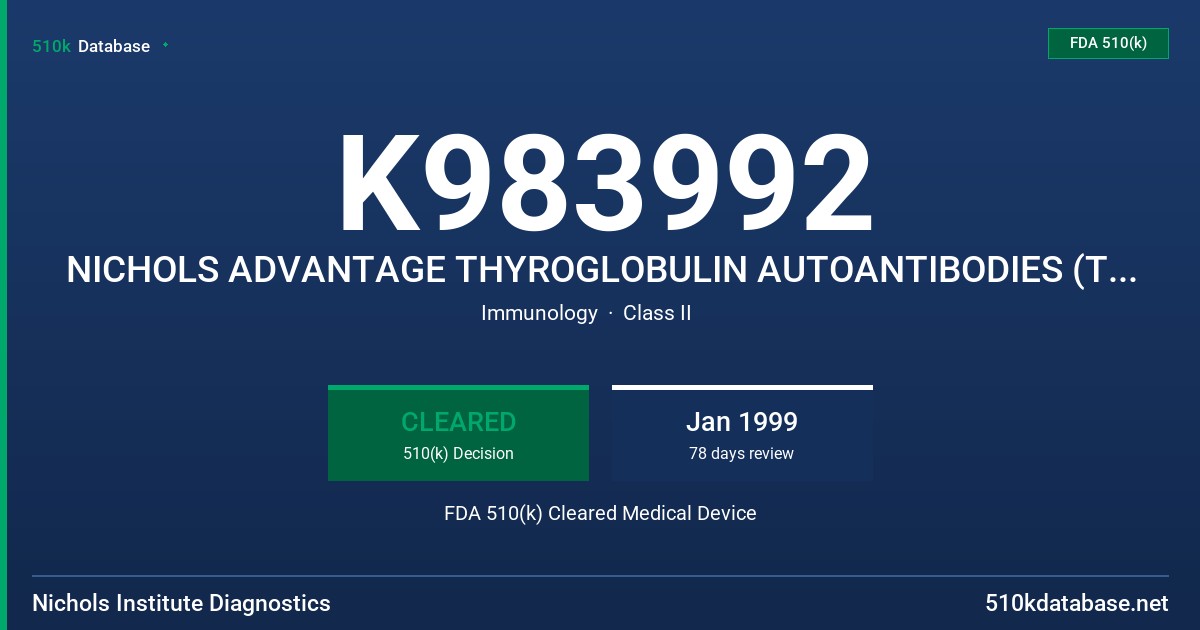 K983992 NICHOLS ADVANTAGE THYROGLOBULIN AUTOANTIBODIES (TGAB) ASSAY FDA 510(k) Cleared Medical Device