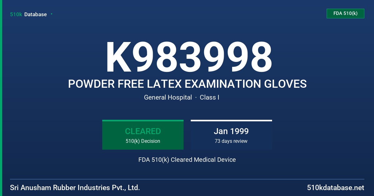 K983998 POWDER FREE LATEX EXAMINATION GLOVES FDA 510(k) Cleared Medical Device