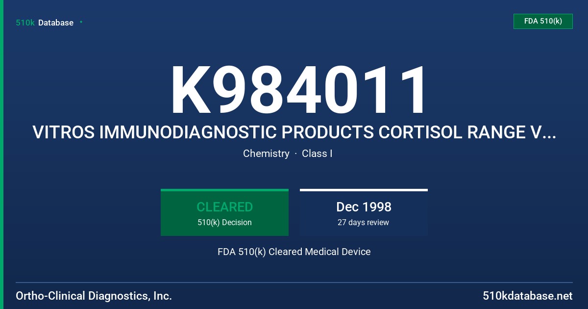 K984011 VITROS IMMUNODIAGNOSTIC PRODUCTS CORTISOL RANGE VERIFIERS FDA 510(k) Cleared Medical Device