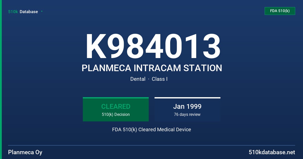 K984013 PLANMECA INTRACAM STATION FDA 510(k) Cleared Medical Device