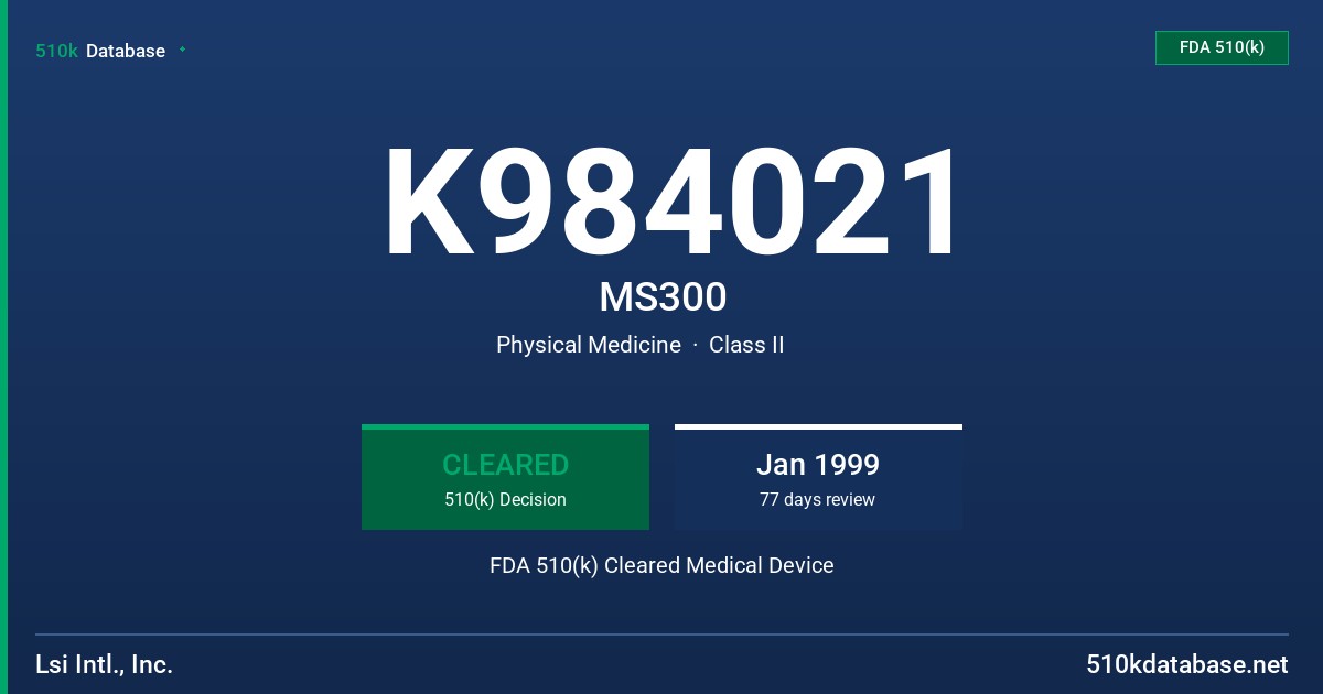 K984021 MS300 FDA 510(k) Cleared Medical Device