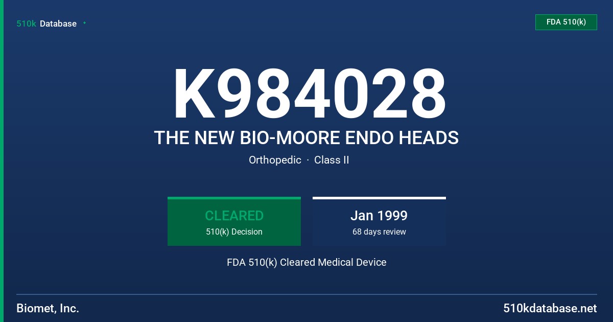K984028 THE NEW BIO-MOORE ENDO HEADS FDA 510(k) Cleared Medical Device