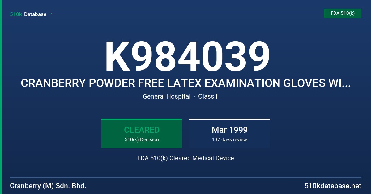 K984039 CRANBERRY POWDER FREE LATEX EXAMINATION GLOVES WITH PROTEIN CONTENT LABELING CLAIM (50 MICROGRAMS OR LESSS) FDA 510(k) Cleared Medical Device