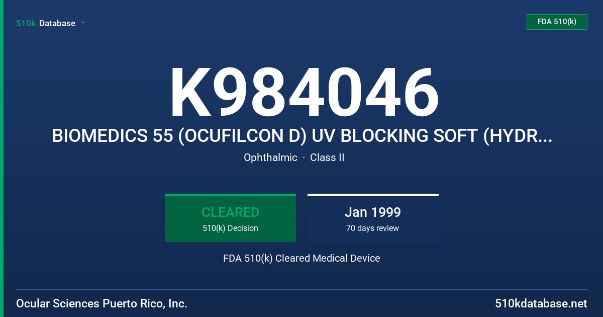 K984046 BIOMEDICS 55 (OCUFILCON D) UV BLOCKING SOFT (HYDROPHILIC) CONTAC LENS FDA 510(k) Cleared Medical Device