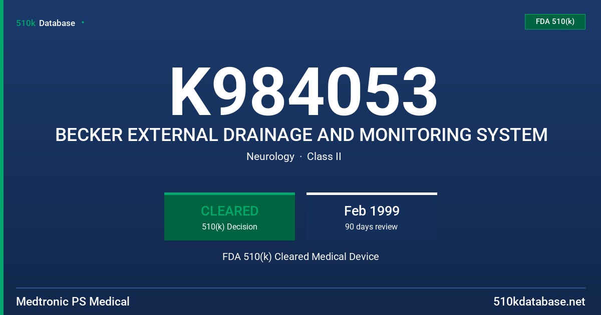 K984053 BECKER EXTERNAL DRAINAGE AND MONITORING SYSTEM FDA 510(k) Cleared Medical Device