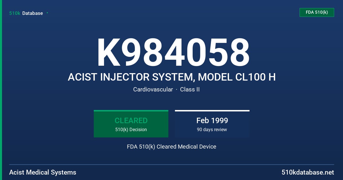 K984058 ACIST INJECTOR SYSTEM, MODEL CL100 H FDA 510(k) Cleared Medical Device