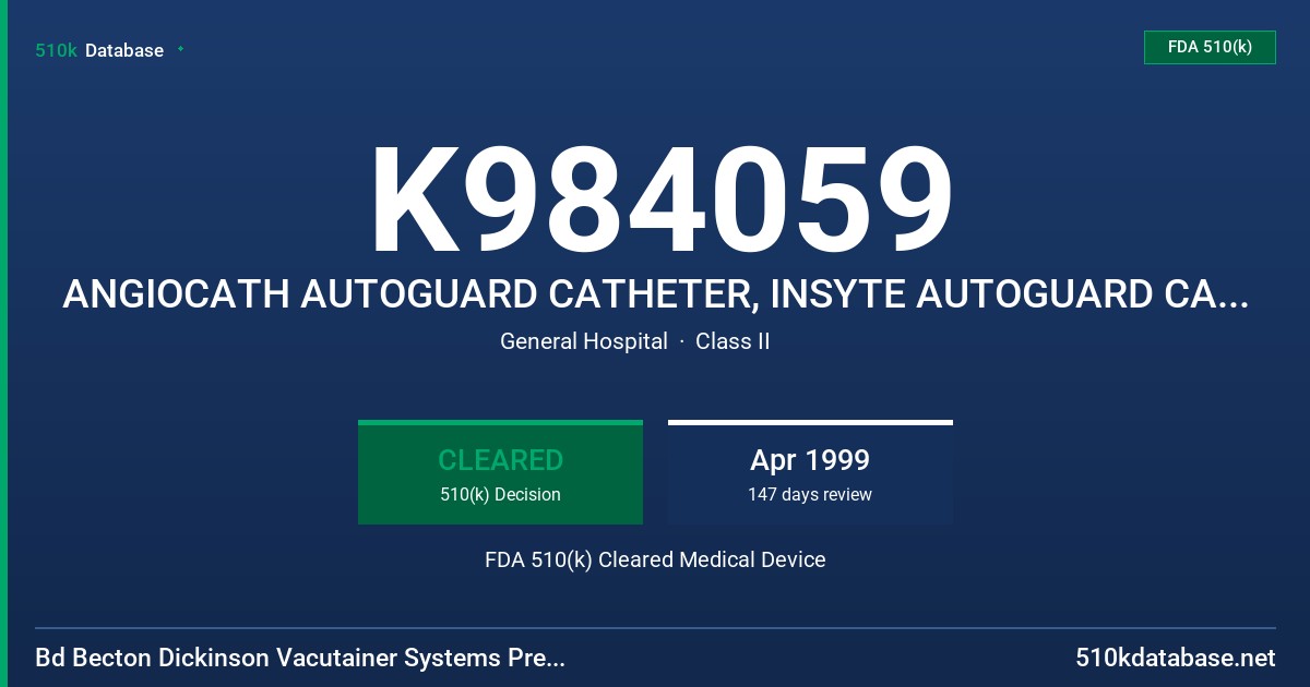 K984059 ANGIOCATH AUTOGUARD CATHETER, INSYTE AUTOGUARD CATHETER FDA 510(k) Cleared Medical Device