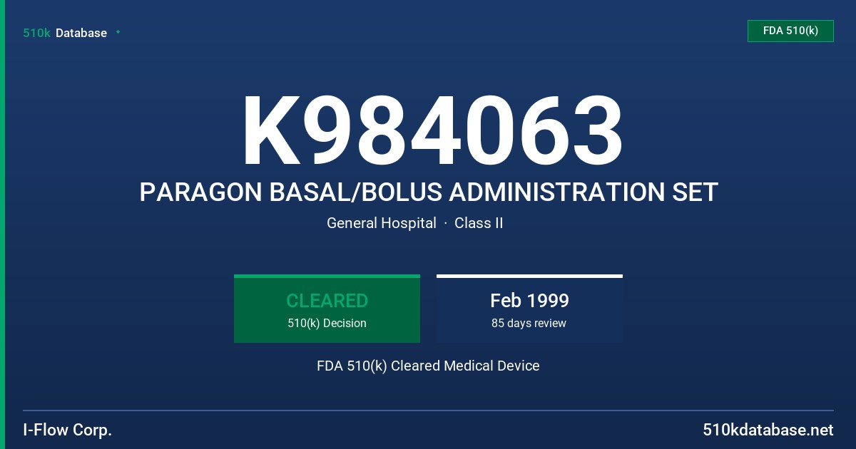 K984063 PARAGON BASAL/BOLUS ADMINISTRATION SET FDA 510(k) Cleared Medical Device