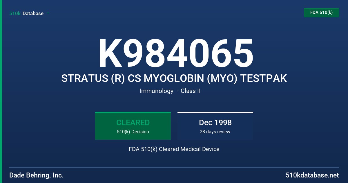 K984065 STRATUS (R) CS MYOGLOBIN (MYO) TESTPAK FDA 510(k) Cleared Medical Device
