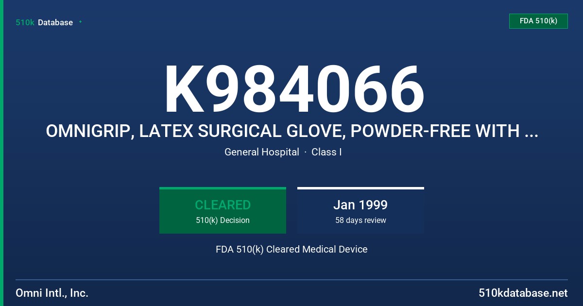 K984066 OMNIGRIP, LATEX SURGICAL GLOVE, POWDER-FREE WITH PROTEIN LABELING CLAIM FDA 510(k) Cleared Medical Device