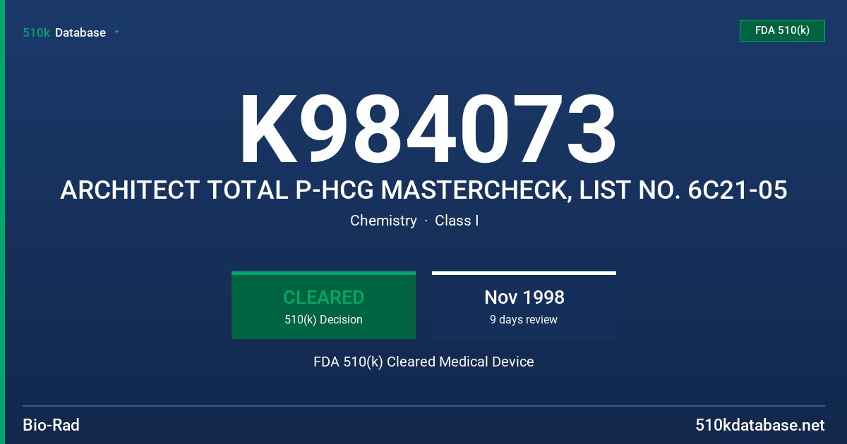 K984073 ARCHITECT TOTAL P-HCG MASTERCHECK, LIST NO. 6C21-05 FDA 510(k) Cleared Medical Device