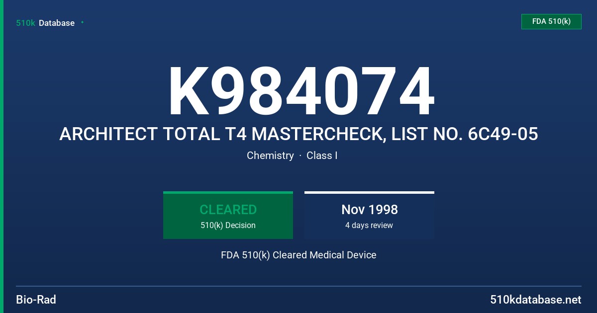 K984074 ARCHITECT TOTAL T4 MASTERCHECK, LIST NO. 6C49-05 FDA 510(k) Cleared Medical Device