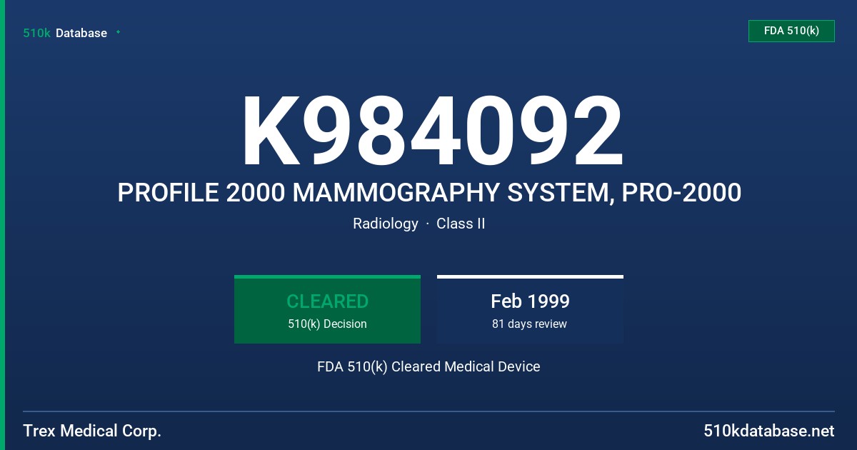 K984092 PROFILE 2000 MAMMOGRAPHY SYSTEM, PRO-2000 FDA 510(k) Cleared Medical Device