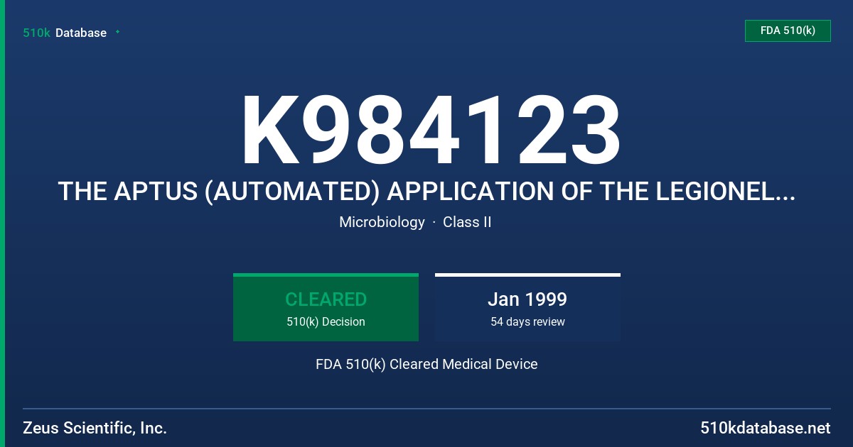 K984123 THE APTUS (AUTOMATED) APPLICATION OF THE LEGIONELLA IGG/A/M (ELISA) TEST SYSTEM. AN ENZYME LINKED IMMUNOSORBENT ASSAY (E FDA 510(k) Cleared Medical Device