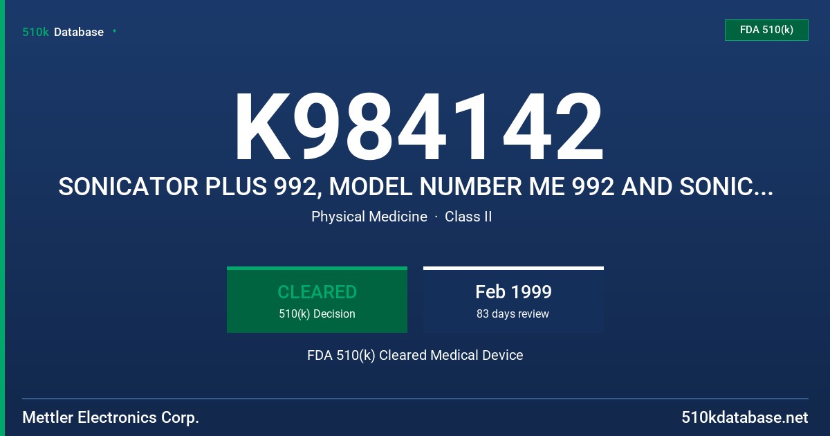 K984142 SONICATOR PLUS 992, MODEL NUMBER ME 992 AND SONICATOR PLUS 994, MODEL NUMBER ME 994 FDA 510(k) Cleared Medical Device